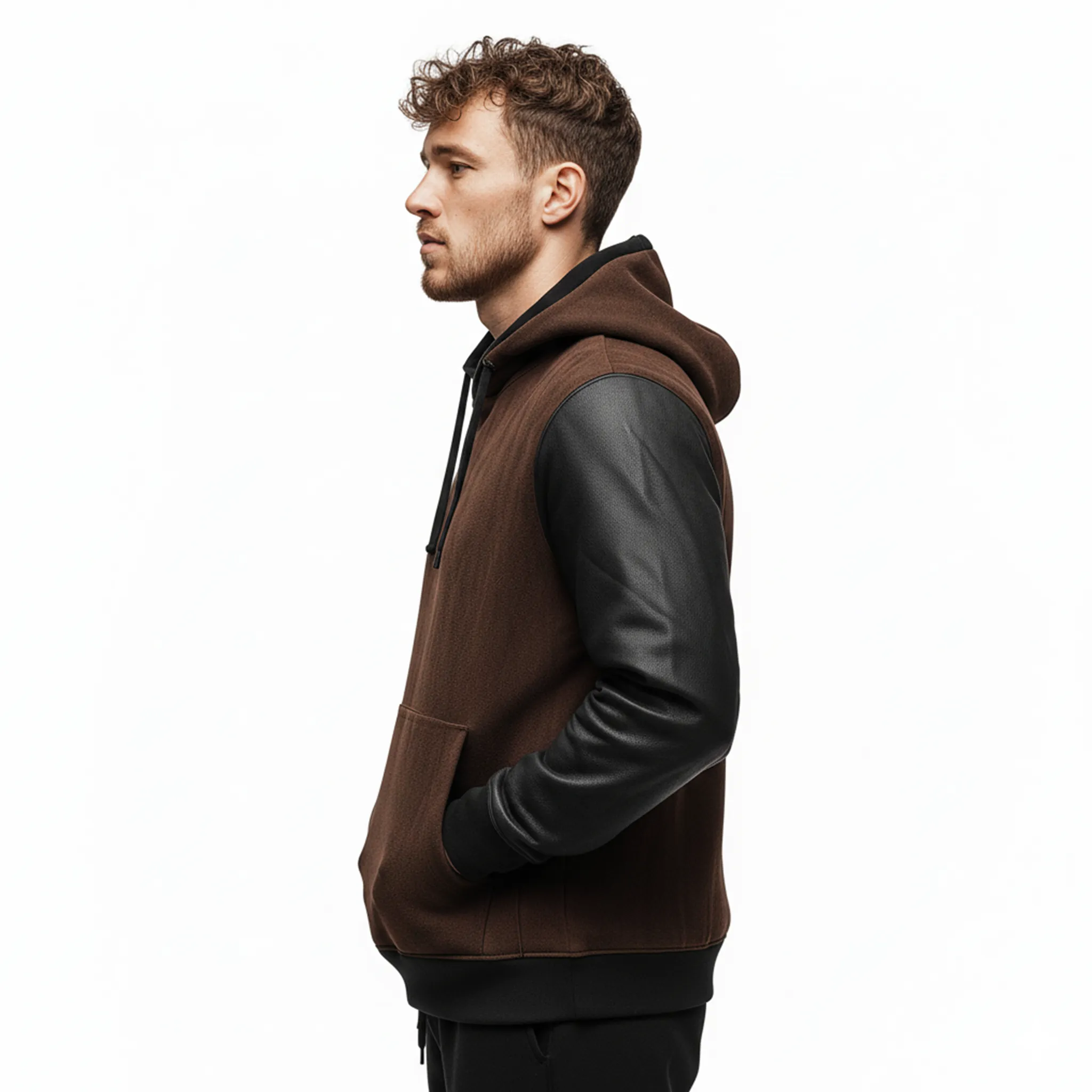 Men's Classic Casual Sleeve Stitching PU Leather Loose Faux Suede Hoodie MTA0983J5K sold by Manly product image thumbnail 4