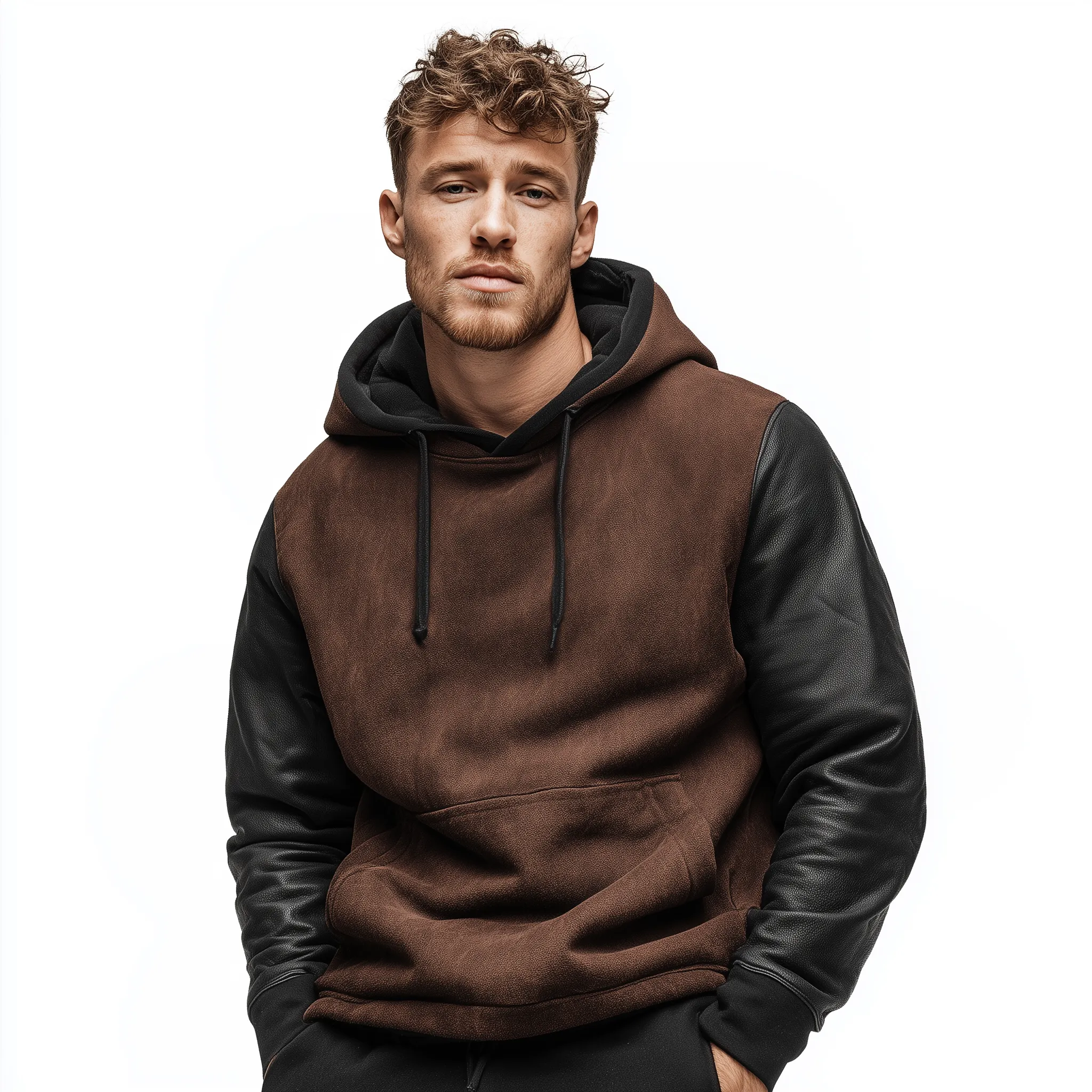 Men's Classic Casual Sleeve Stitching PU Leather Loose Faux Suede Hoodie MTA0983J5K sold by Manly product image thumbnail 3