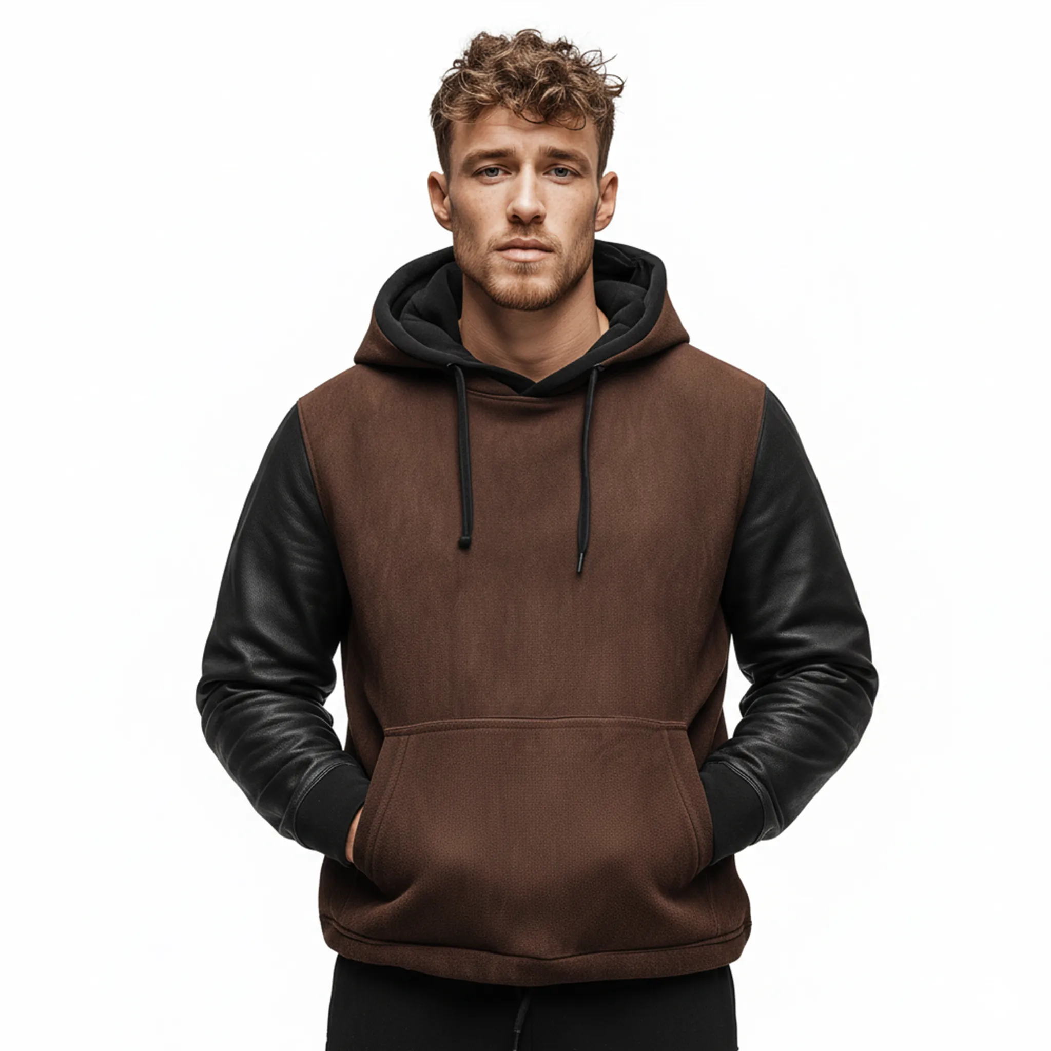 Men's Classic Casual Sleeve Stitching PU Leather Loose Faux Suede Hoodie MTA0983J5K sold by Manly product image thumbnail 2