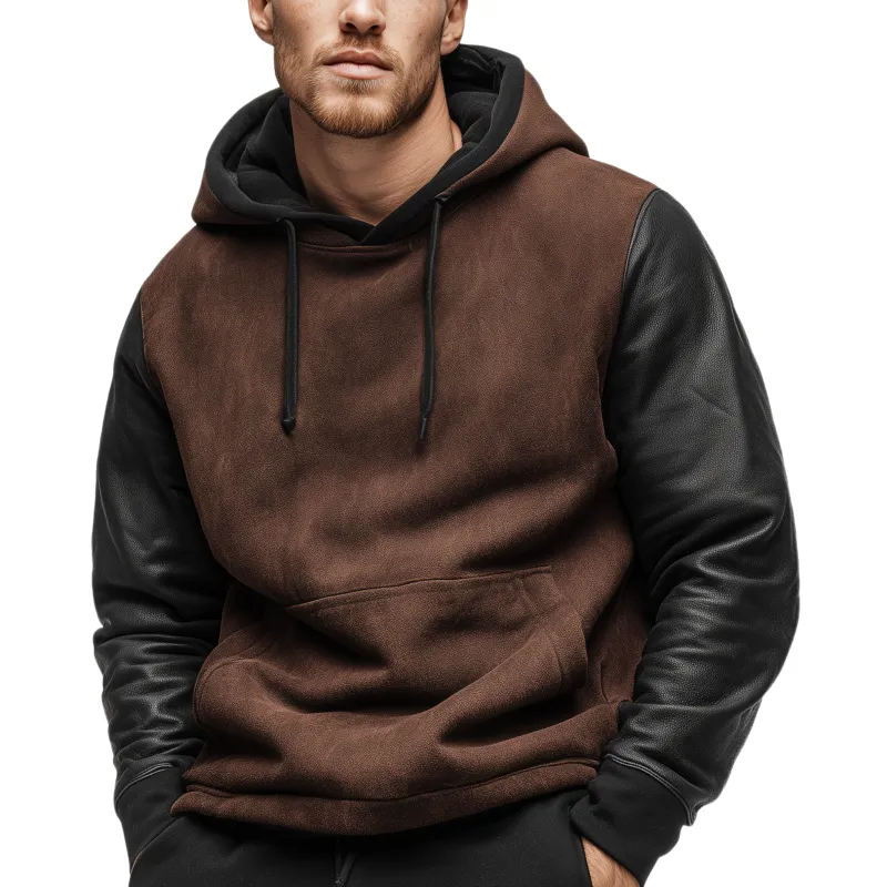 Men's Classic Casual Sleeve Stitching PU Leather Loose Faux Suede Hoodie MTA0983J5K made by Manly