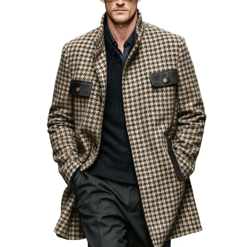 Men's Classic Retro Pocket Stitching PU Leather Stand Collar Faux Houndstooth Wool Coat MTA1199J8K sold by Manly