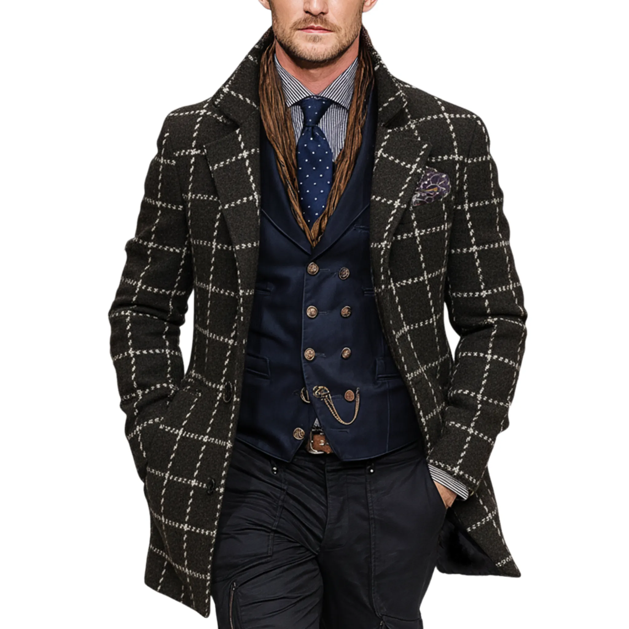 Men's Classic Retro Lapel Faux Plaid Woolen Single-breasted Coat MTA1104J3K sold by Manly