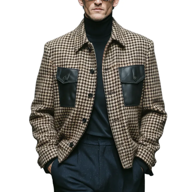Men's Classic Retro Pocket Stitching PU Leather Lapel Faux Houndstooth Woolen Jacket MTA1109J0K sold by Manly