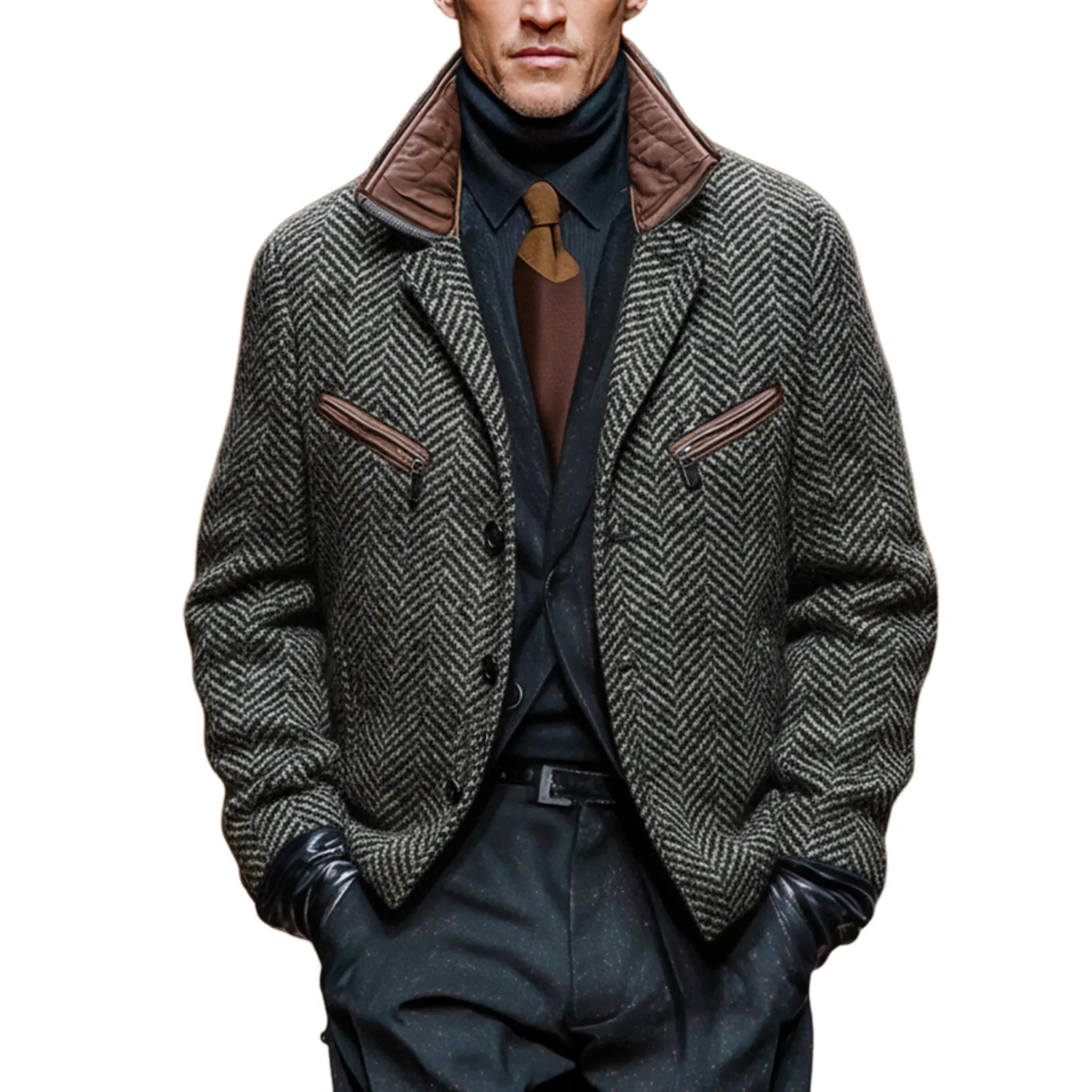 Men's Classic Retro Stand Collar Faux Herringbone Woolen Multi-pocket Jacket MTA1158J4K sold by Manly