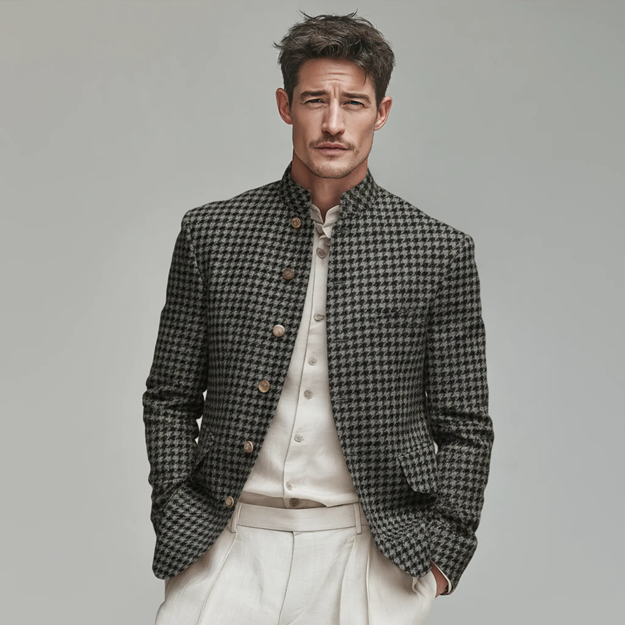 Men's Classic Retro Stand Collar Faux Houndstooth Wool Slim Fit Single-breasted Jacket MTA1187J8K sold by Manly product image thumbnail 2