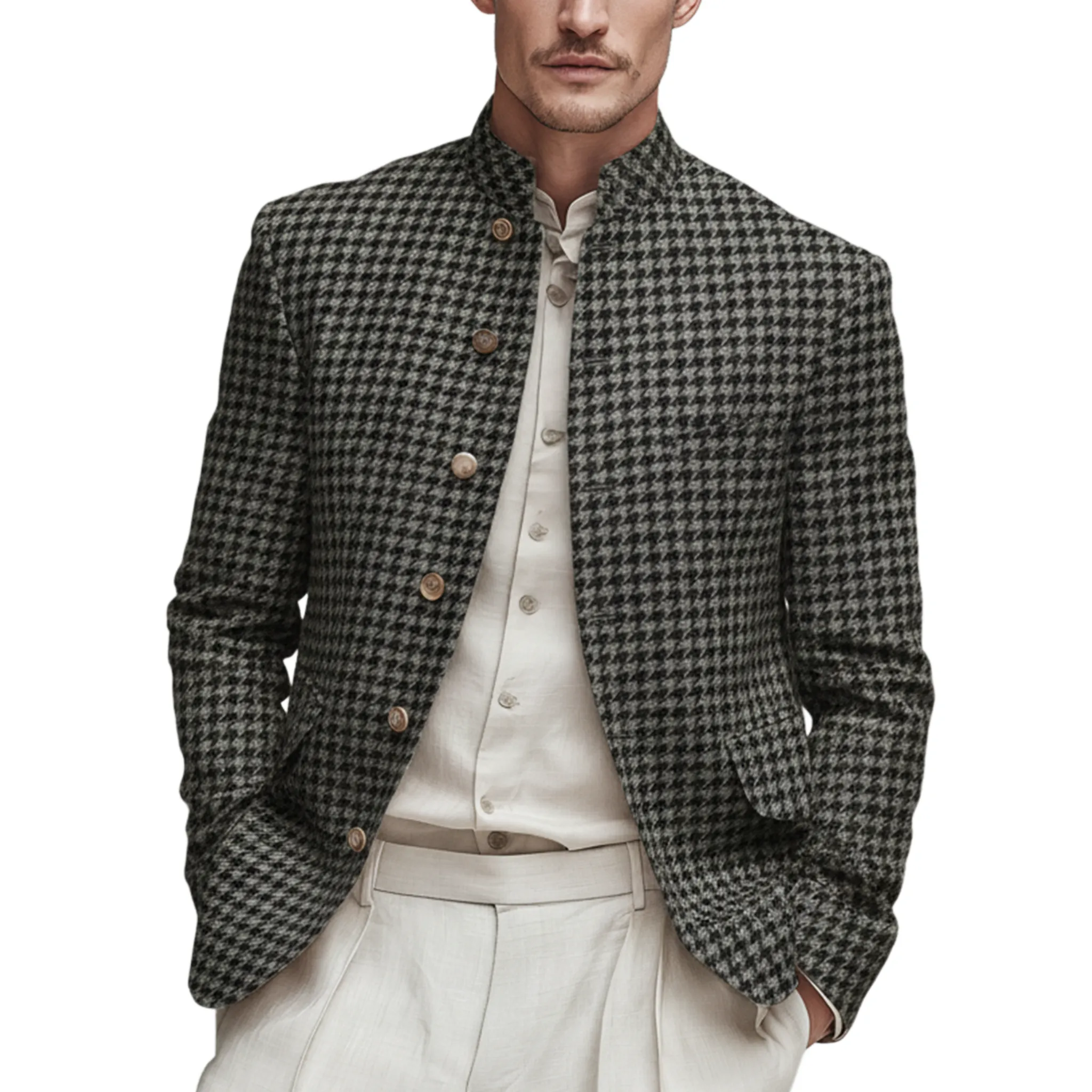 Men's Classic Retro Stand Collar Faux Houndstooth Wool Slim Fit Single-breasted Jacket MTA1187J8K sold by Manly