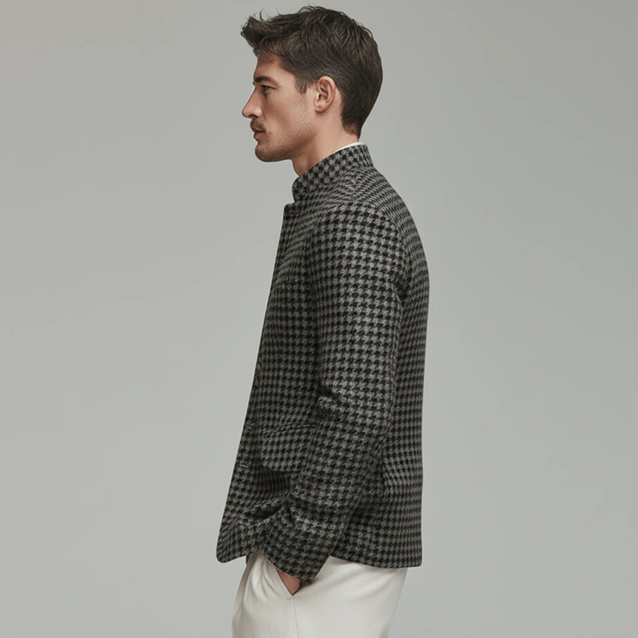 Men's Classic Retro Stand Collar Faux Houndstooth Wool Slim Fit Single-breasted Jacket MTA1187J8K sold by Manly product image thumbnail 3