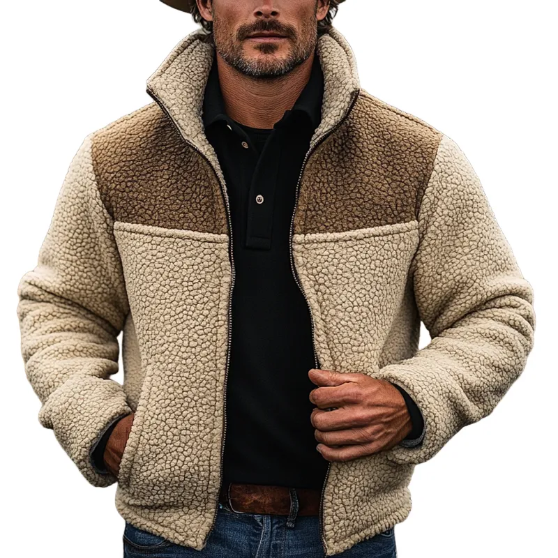 Men's Contrast Color Vintage Polar Fleece Lapel Zip-Up Jacket MTA1156J9X sold by Manly