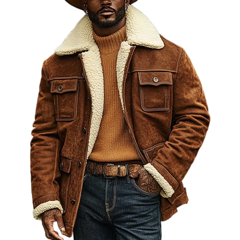 Men's Western Retro Lapel Splicing Polar Fleece Lapel Mid-Length Coat MTA1136J7X sold by Manly