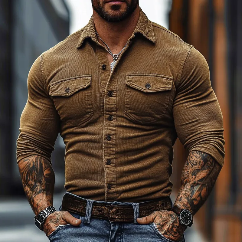 Men's Solid Color Casual Corduroy Retro Lapel Long Sleeve Shirt MTA1135J5X sold by Manly product image thumbnail 2