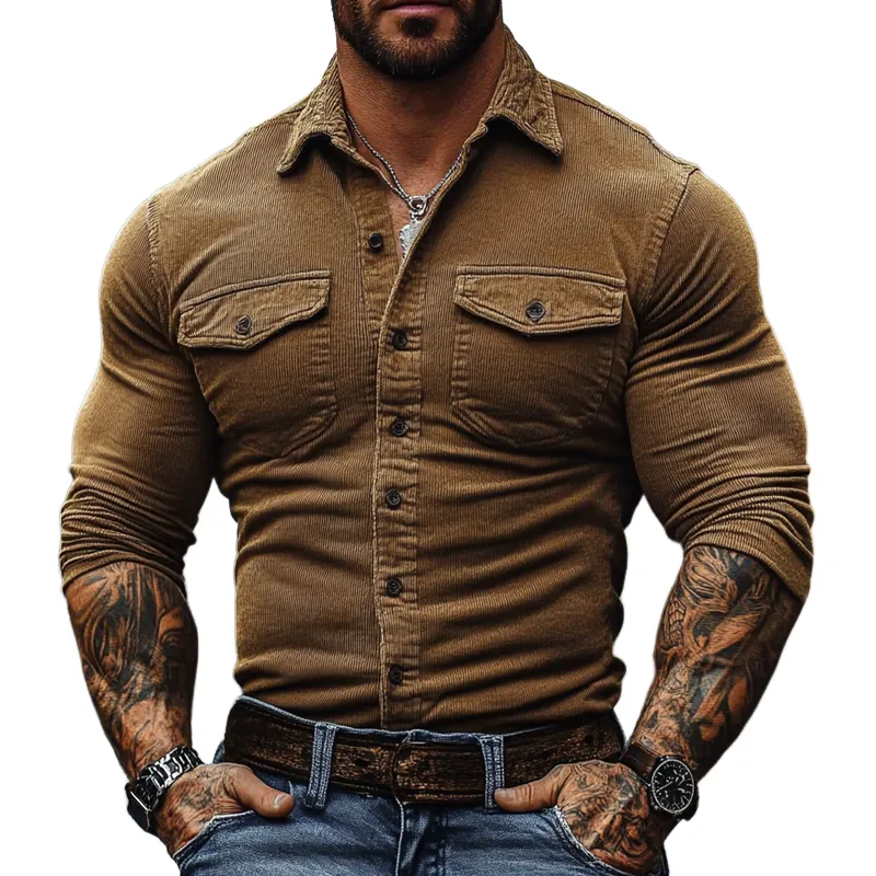 Men's Solid Color Casual Corduroy Retro Lapel Long Sleeve Shirt MTA1135J5X sold by Manly