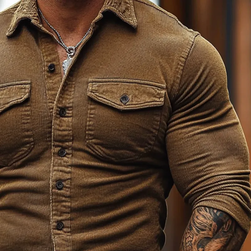 Men's Solid Color Casual Corduroy Retro Lapel Long Sleeve Shirt MTA1135J5X sold by Manly product image thumbnail 3
