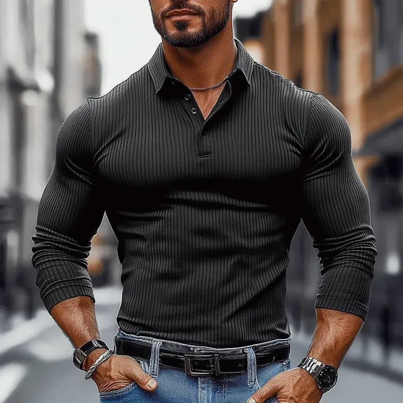 Men's Striped Textured Basic Elastic Long-sleeved POLO Shirt MTA1139J2X sold by Manly product image thumbnail 2