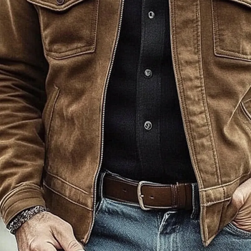 Men's Vintage Solid Color Western Cowboy Style Faux Suede Lapel Zipper Jacket MTA1143J4X sold by Manly product image thumbnail 4