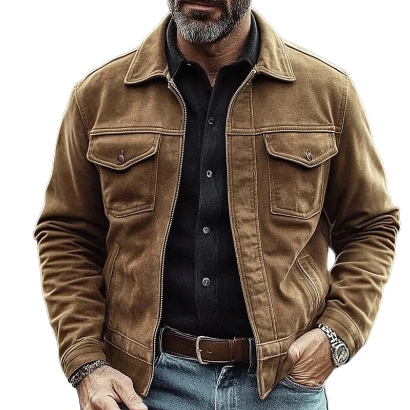 Men's Vintage Solid Color Western Cowboy Style Faux Suede Lapel Zipper Jacket MTA1143J4X sold by Manly