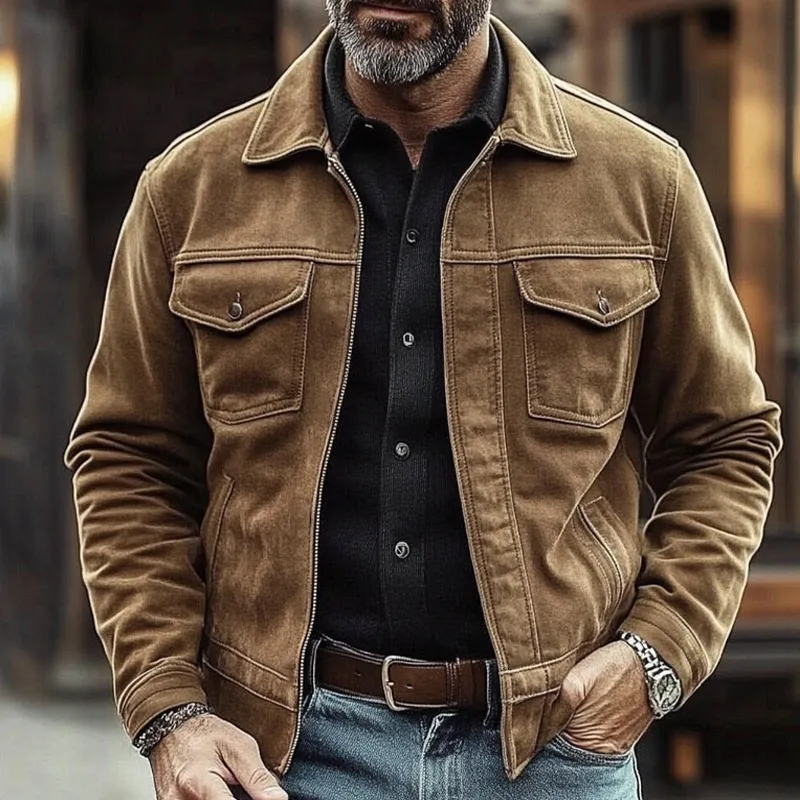 Men's Vintage Solid Color Western Cowboy Style Faux Suede Lapel Zipper Jacket MTA1143J4X sold by Manly product image thumbnail 2