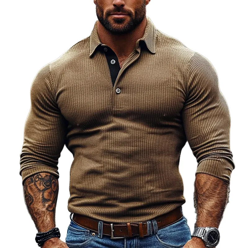 Men's Casual Striped Texture Contrast Color Long-sleeved POLO Shirt MTA1134J3X sold by Manly