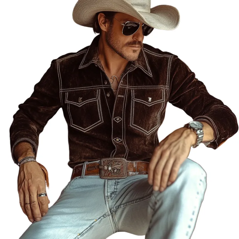 Men's Vintage Western Style Velvet Lapel Long Sleeve Shirt MTA1140J6X sold by Manly