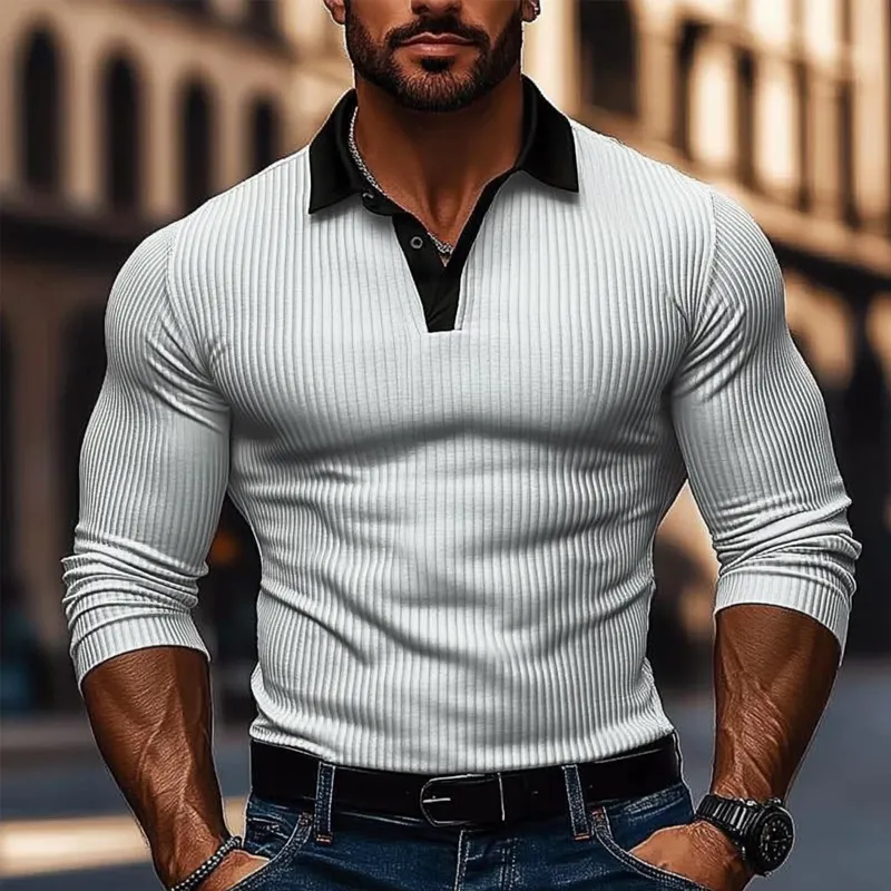 Men's Knitted Contrast Striped Long-sleeved POLO Shirt MTA1172J2X sold by Manly product image thumbnail 3