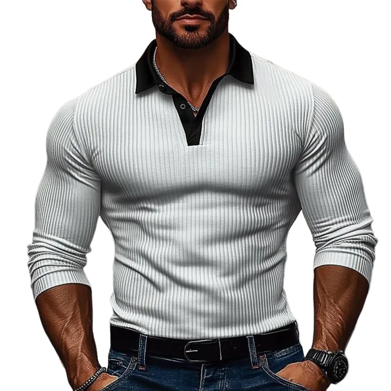 Men's Knitted Contrast Striped Long-sleeved POLO Shirt MTA1172J2X sold by Manly