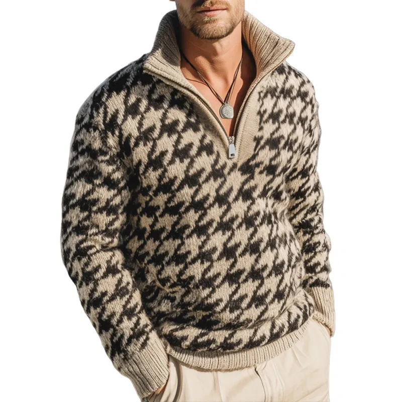 Men's Classic Houndstooth Stand Collar Quarter Zip Knit Sweater MTA1195J9U sold by Manly