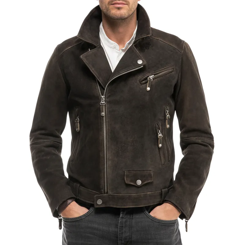 Men's Classic Dark Brown Multi-Pocket Suede Motorcycle Jacket MTA1163J2U sold by Manly