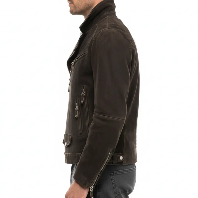 Men's Classic Dark Brown Multi-Pocket Suede Motorcycle Jacket MTA1163J2U sold by Manly product image thumbnail 4