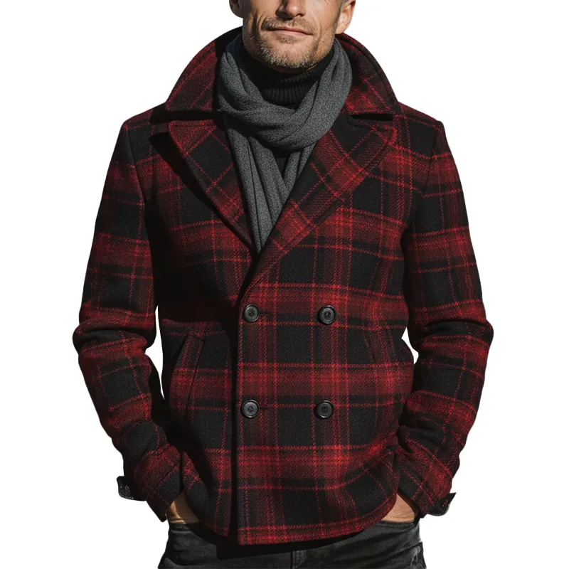 Men's Winter Fashion Plaid Faux Wool Short Lapel Coat MTA1117J4P sold by Manly