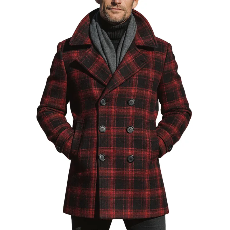Men's Winter Fashion Plaid Faux Wool Mid-length Lapel Coat MTA1195J8P sold by Manly