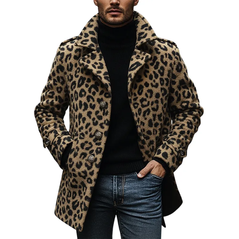 Men's Vintage Leopard Print Polar Fleece Lapel Mid-Length Coat MTA1382J8X sold by Manly