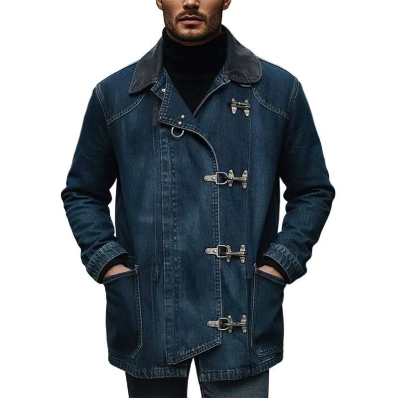 Men's Vintage Washed Single-breasted Lapel Contrast Color Mid-length Denim Coat MTA1456J5X sold by Manly