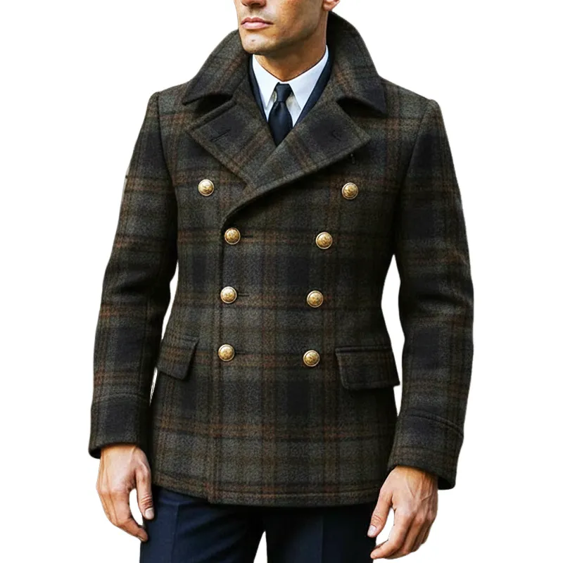 Men's Vintage Plaid Double-Breasted Faux Woolen Jacket MTA1378J9U sold by Manly