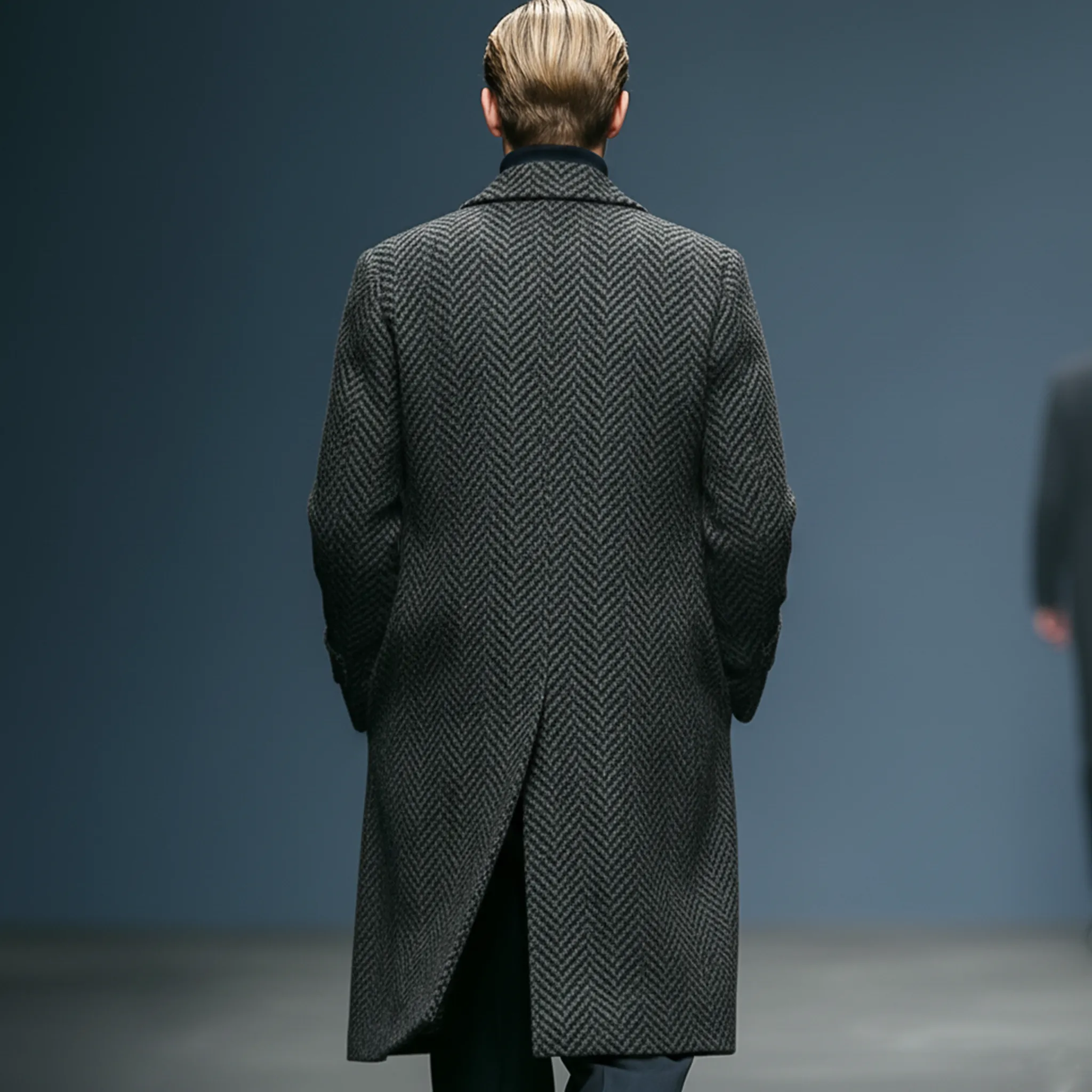 Men's Classic Light Business Lapel Pocket PU Leather Knee-length Faux Herringbone Wool Coat MTA1193J6K sold by Manly product image thumbnail 4