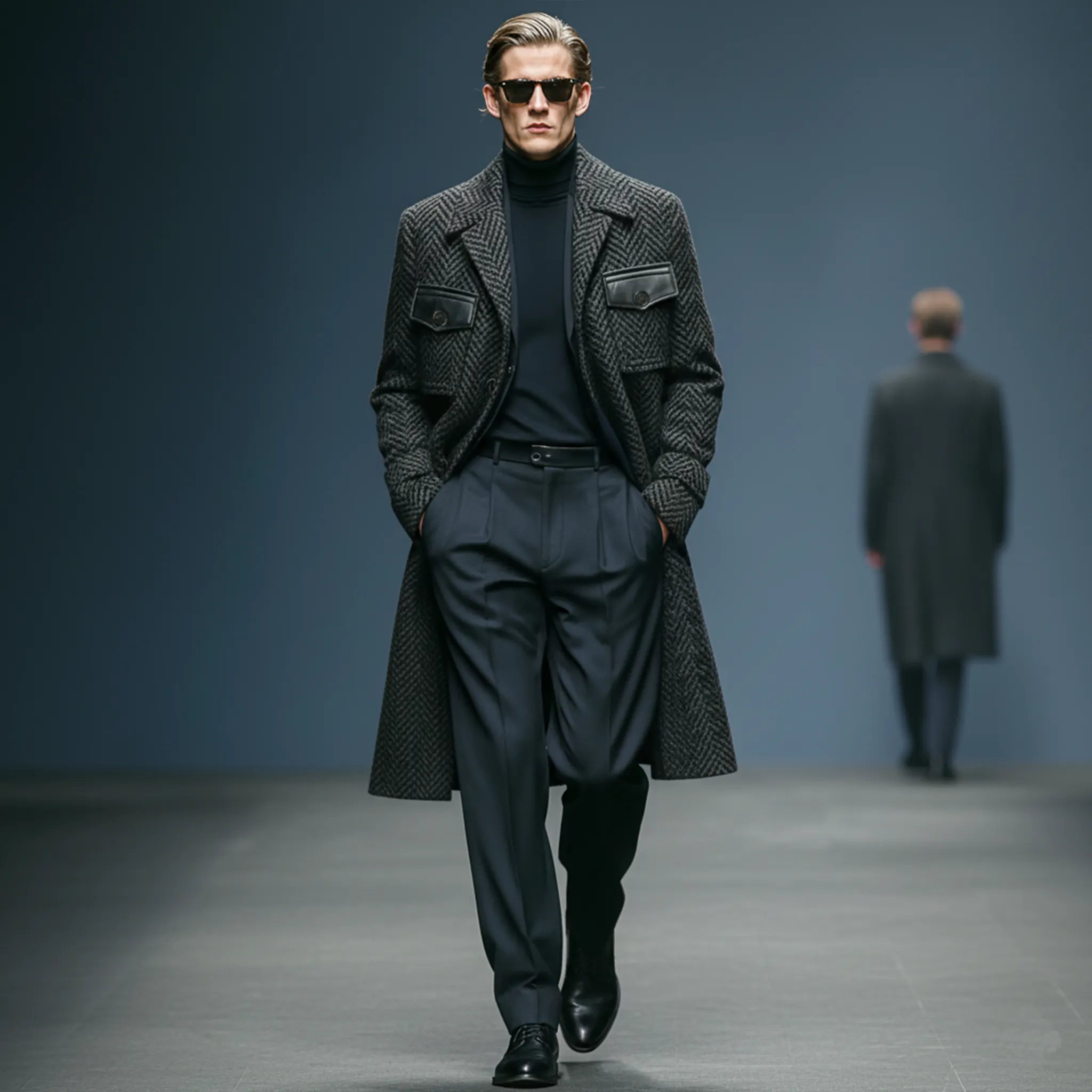 Men's Classic Light Business Lapel Pocket PU Leather Knee-length Faux Herringbone Wool Coat MTA1193J6K sold by Manly product image thumbnail 3