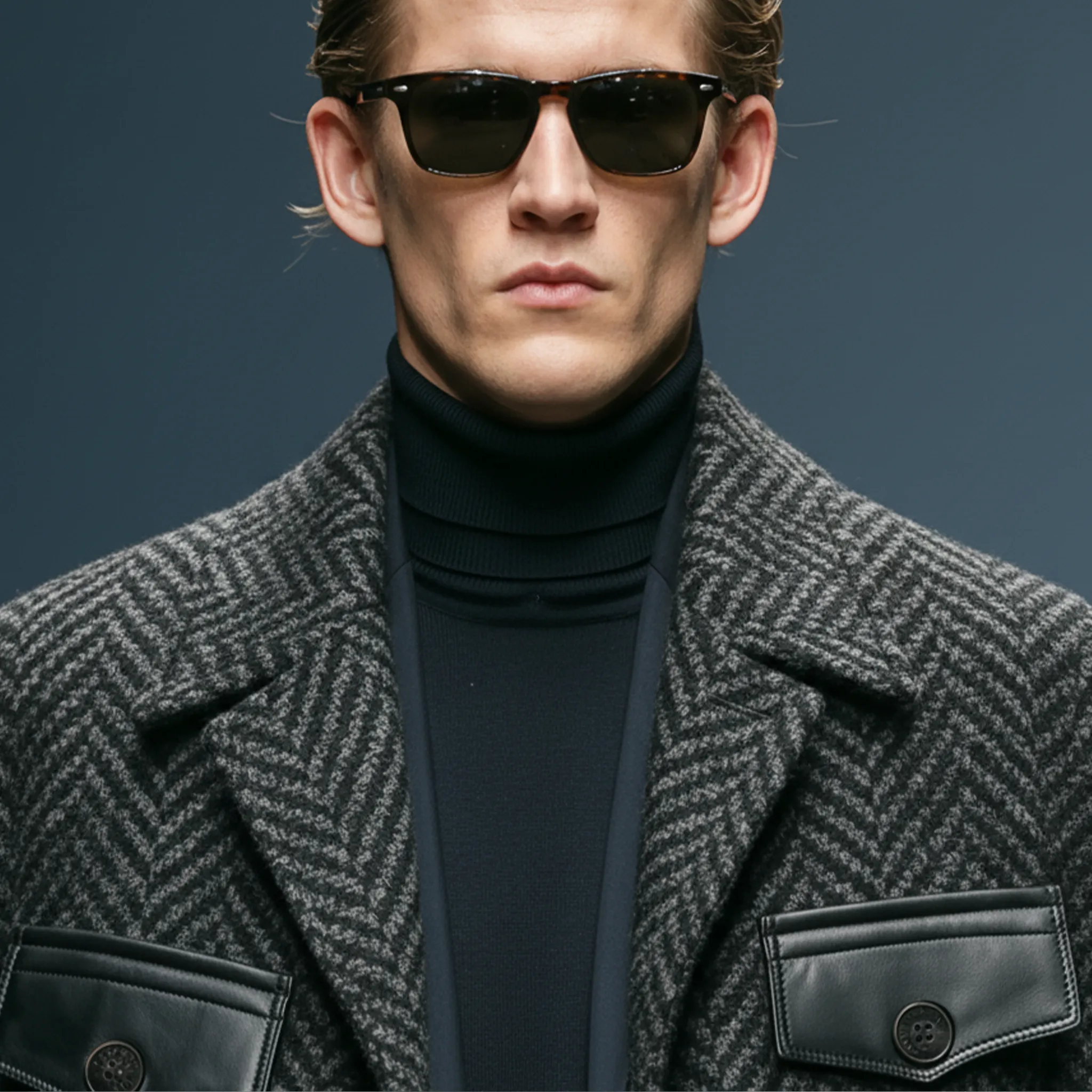 Men's Classic Light Business Lapel Pocket PU Leather Knee-length Faux Herringbone Wool Coat MTA1193J6K sold by Manly product image thumbnail 5