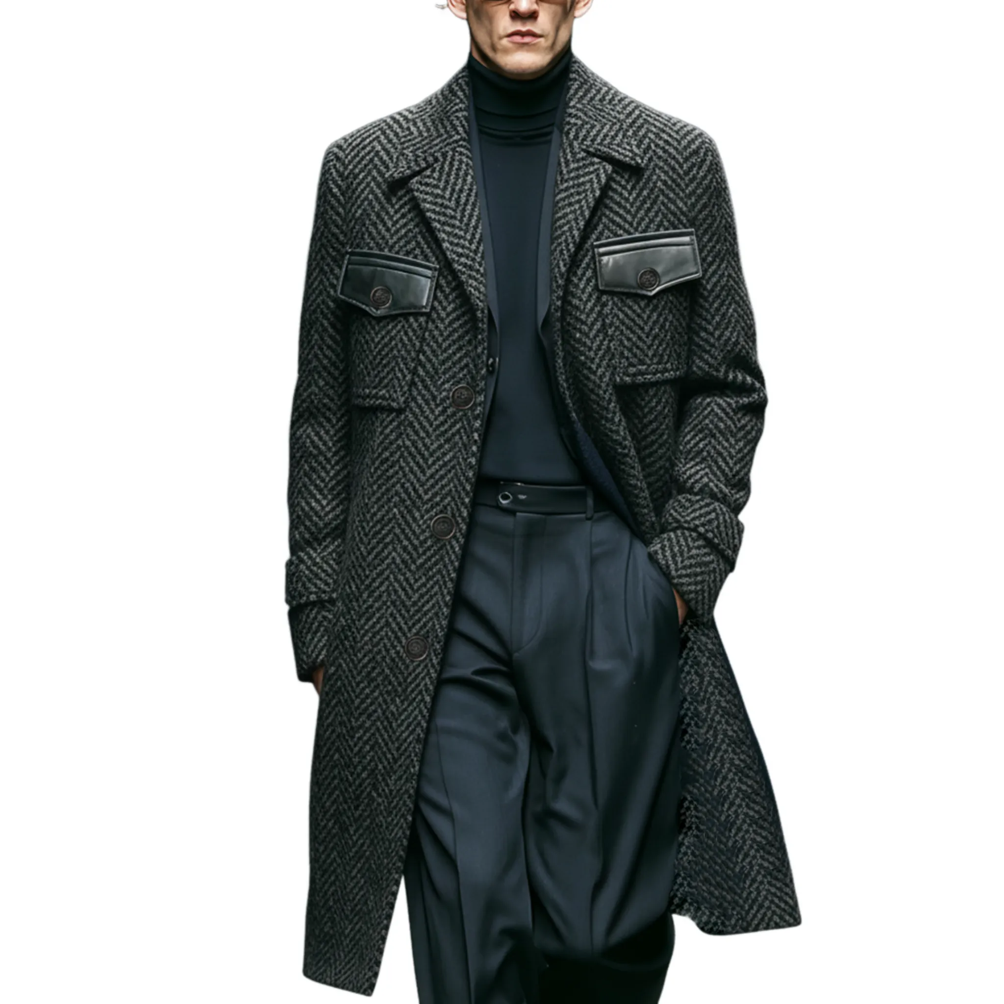Men's Classic Light Business Lapel Pocket PU Leather Knee-length Faux Herringbone Wool Coat MTA1193J6K sold by Manly