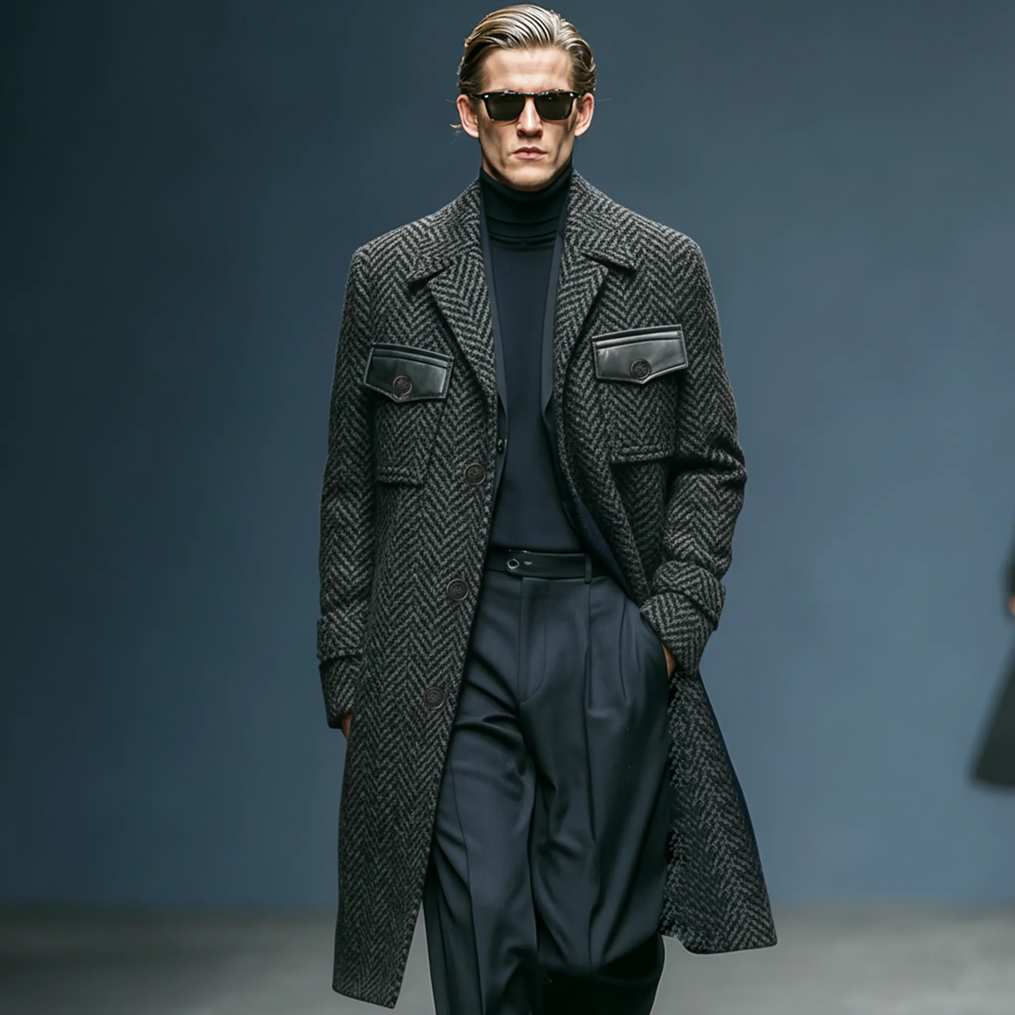 Men's Classic Light Business Lapel Pocket PU Leather Knee-length Faux Herringbone Wool Coat MTA1193J6K sold by Manly product image thumbnail 2