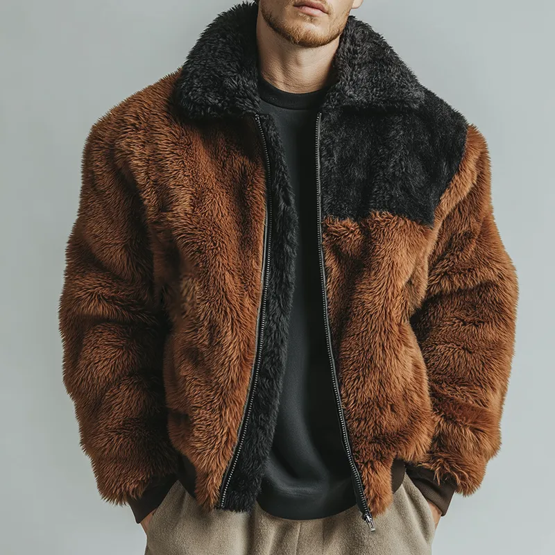 Men's Retro Casual Plush Contrast Color Warm Lapel Zipper Jacket MTA1345J0TO sold by Manly product image thumbnail 2