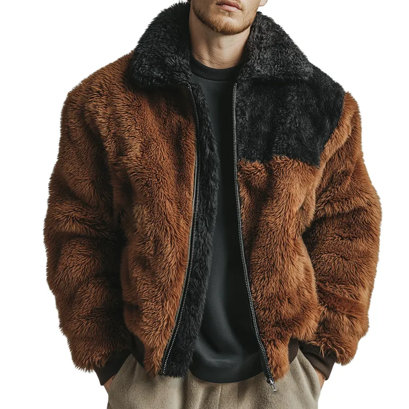 Men's Retro Casual Plush Contrast Color Warm Lapel Zipper Jacket MTA1345J0TO sold by Manly