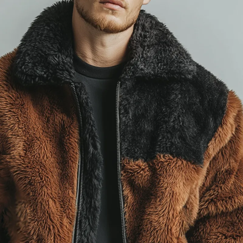 Men's Retro Casual Plush Contrast Color Warm Lapel Zipper Jacket MTA1345J0TO sold by Manly product image thumbnail 3