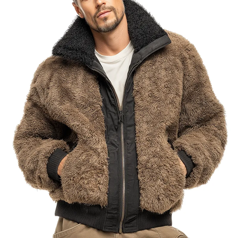 Men's Retro Casual Plush Contrast Color Warm Lapel Zipper Jacket MTA1345J6TO sold by Manly
