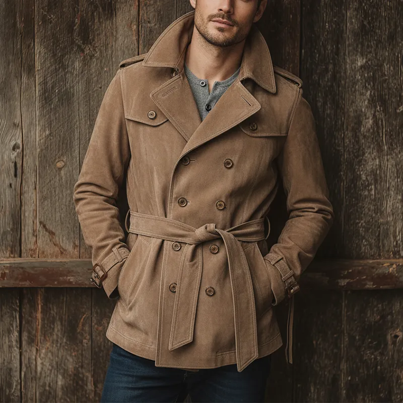 Men's Winter Vintage Double-Breasted Faux Suede Jacket (Includes Belt) MTA1488J0P sold by Manly product image thumbnail 2