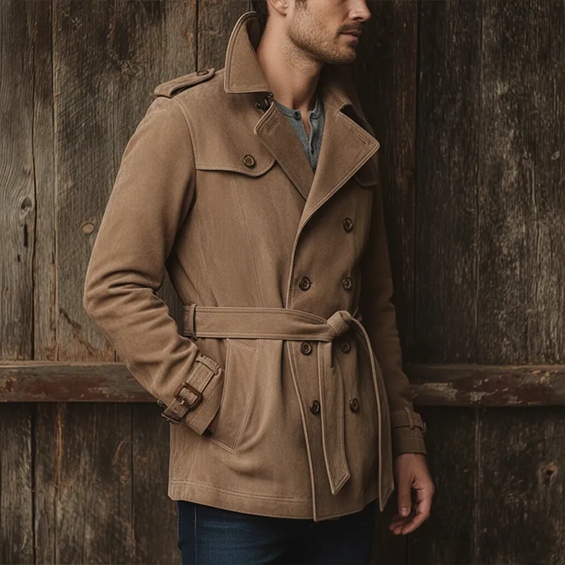 Men's Winter Vintage Double-Breasted Faux Suede Jacket (Includes Belt) MTA1488J0P sold by Manly product image thumbnail 4