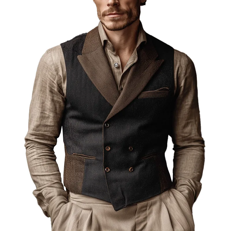 Men's Winter Retro Double-Breasted Slim Fit Herringbone Faux Wool Vest MTA1432J4P sold by Manly