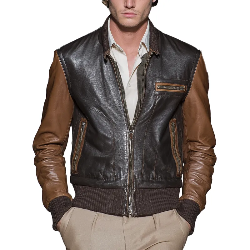 Men's Winter Retro PU Splicing Slim Leather Jacket MTA1460J1P sold by Manly