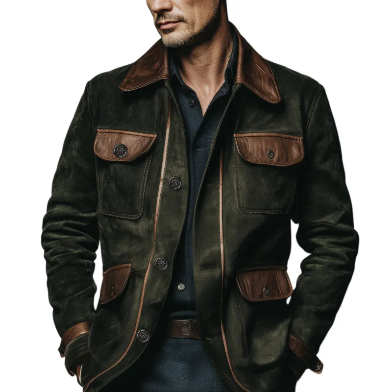 Men's Classic Casual Pocket And Collar Stitching PU Leather Multi-pocket Faux Suede Jacket MTA1354J8K sold by Manly