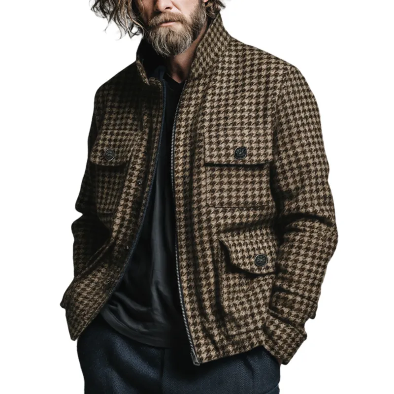 Men's Classic Casual Stand Collar Faux Houndstooth Wool Multi-pocket Zipper Jacket MTA1347J4K sold by Manly