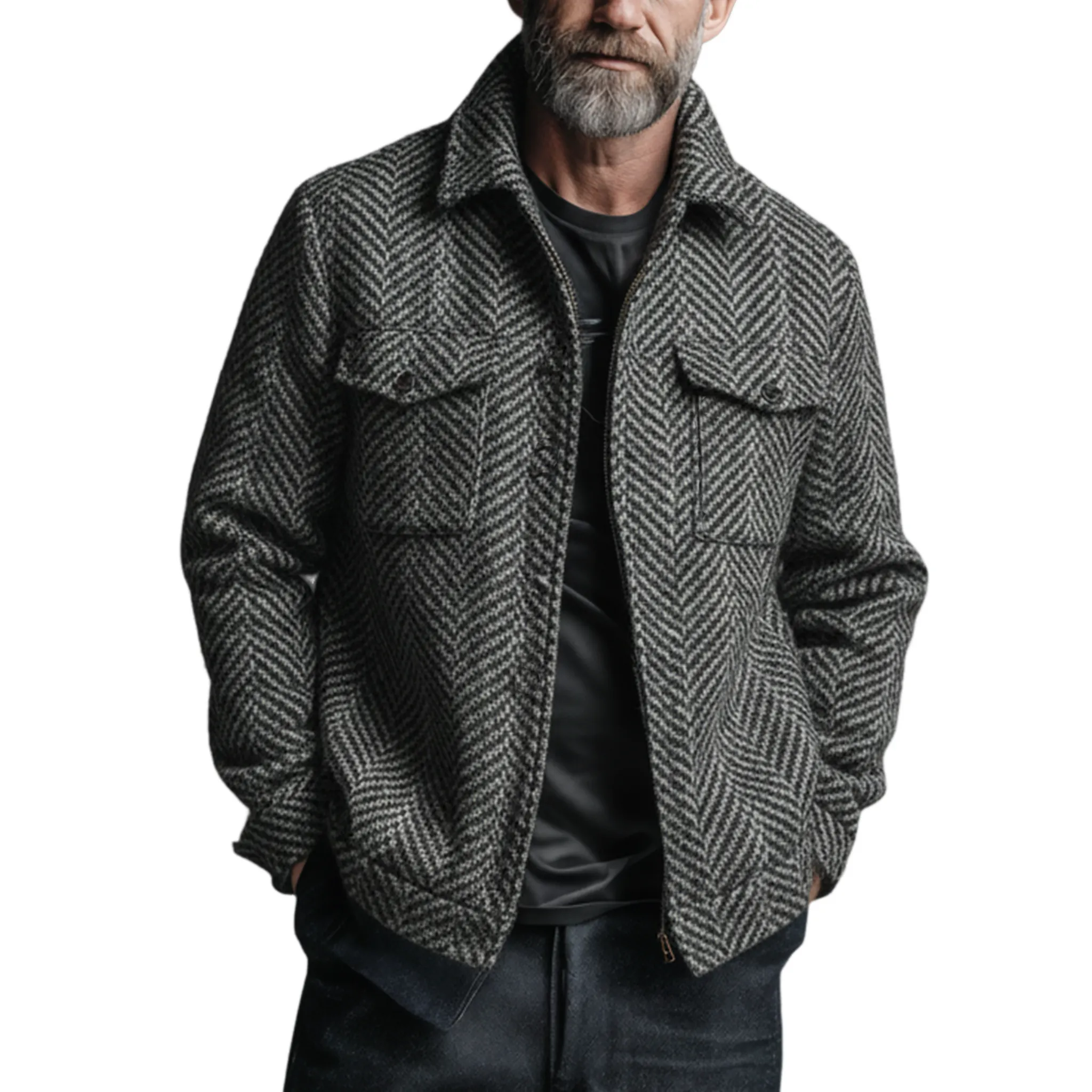 Men's Classic Casual Lapel Faux Herringbone Wool Zipper Jacket MTA1312J5K sold by Manly