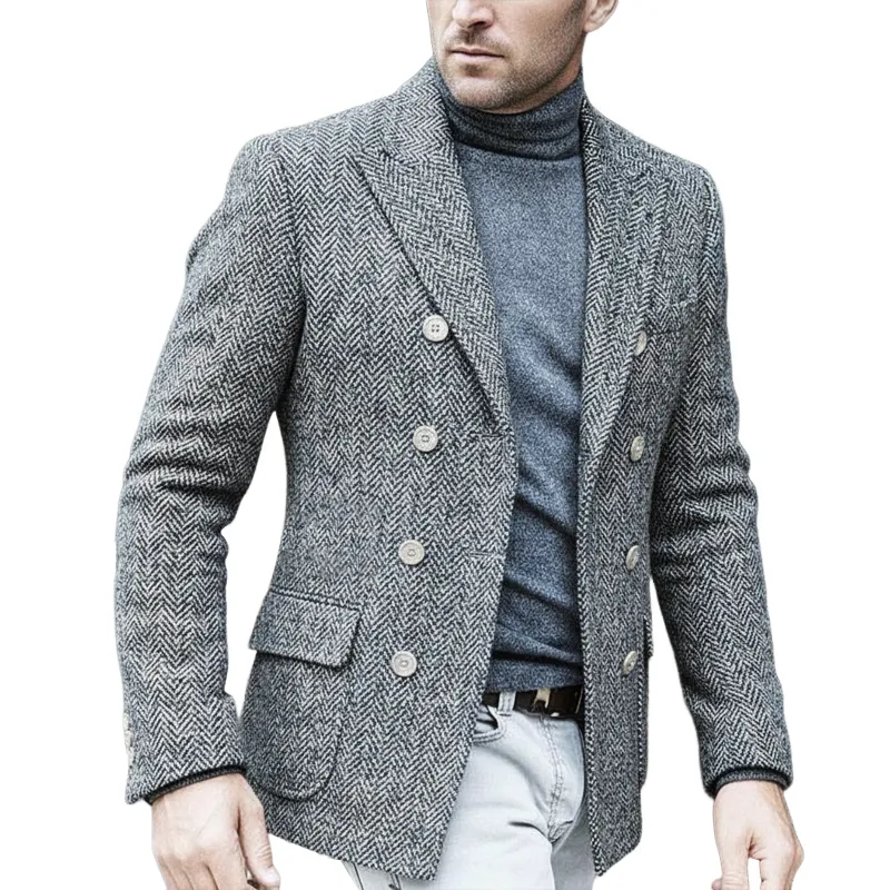 Men's Business Double-breasted Herringbone Faux Wool Blazer MTA1380J9U sold by Manly