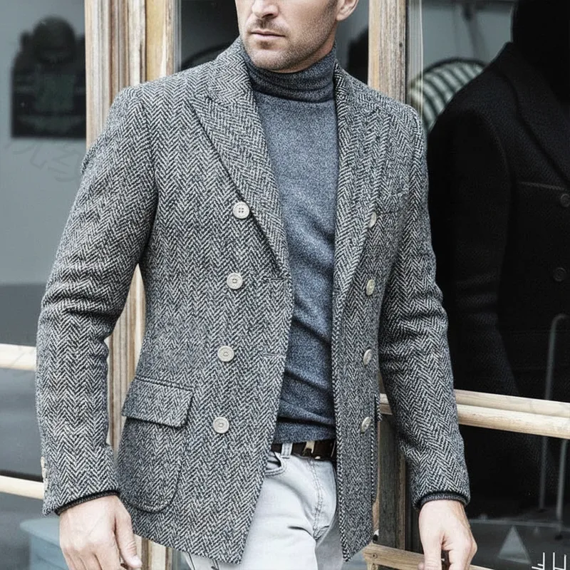 Men's Business Double-breasted Herringbone Faux Wool Blazer MTA1380J9U sold by Manly product image thumbnail 2